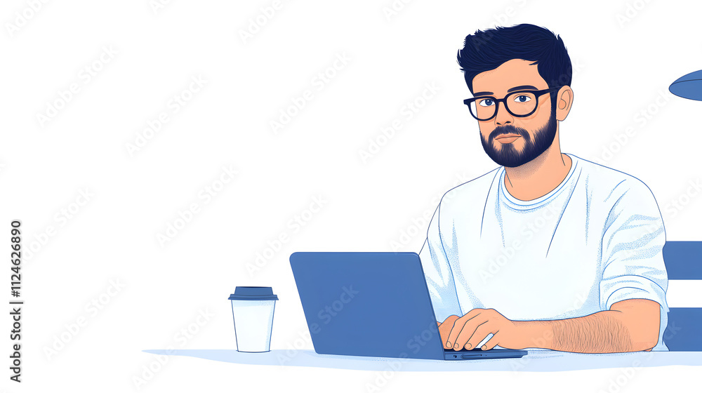 A tech entrepreneur working on a laptop in a trendy café, surrounded by coffee cups and digital gadgets. Entrepreneur working in café. A tech entrepreneur working on a laptop in a trendy café, surrounded by coffee cups and digital gadgets. Entrepreneur working in café.