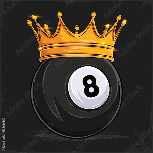 Hand drawn black eight pool billiard ball with golden majestic royal crown, pool ball with crown
