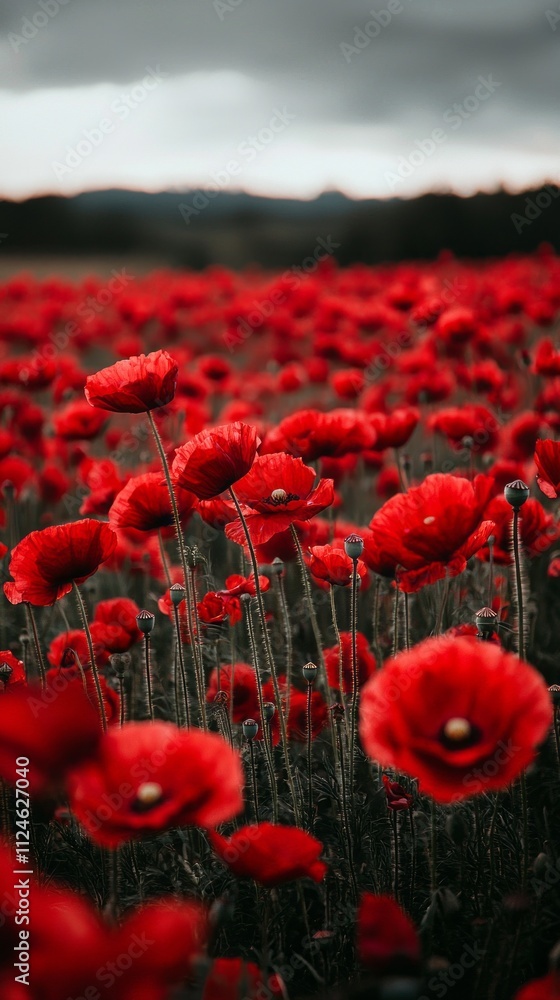 Obraz premium A field of red poppies with a cloudy sky in the background