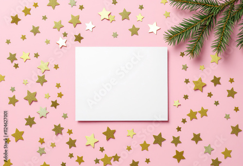 A white blank card or paper surrounded by gold star confetti on a pink background, with a Christmas tree branch in the corner