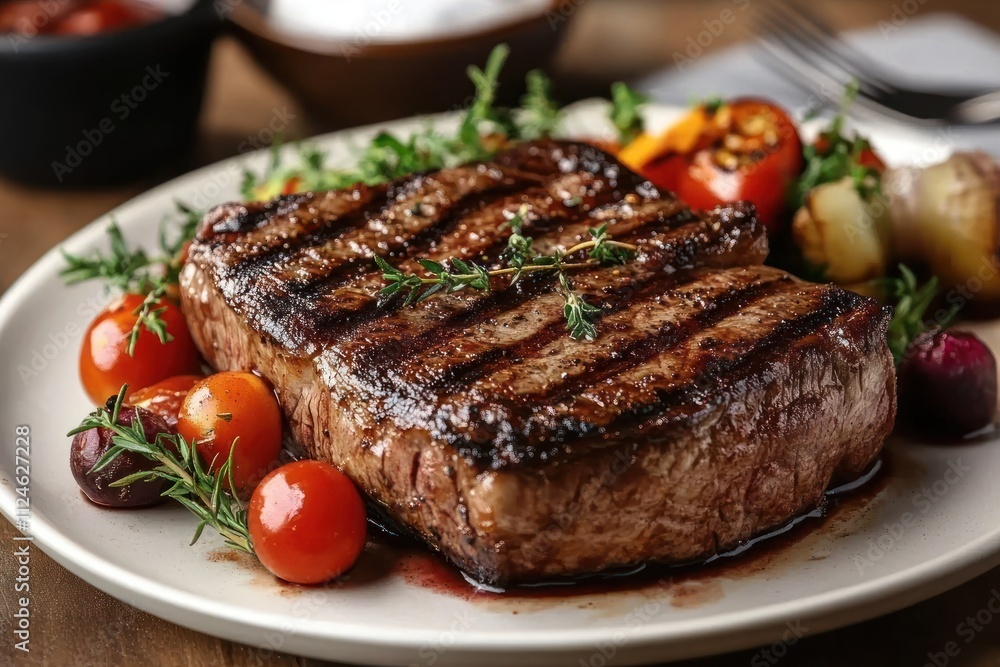 Grilled Ribeye Steak with Red Wine Herbs and Spices on Wooden Table Grilled Ribeye Steak with Red Wine Herbs and Spices on Wooden Table