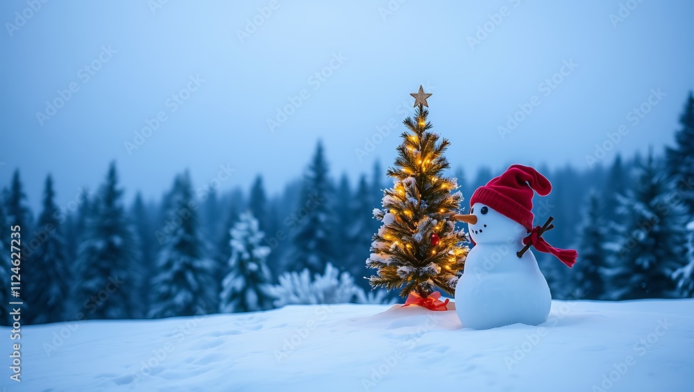 Obraz premium Beautiful snowman in winter landscape