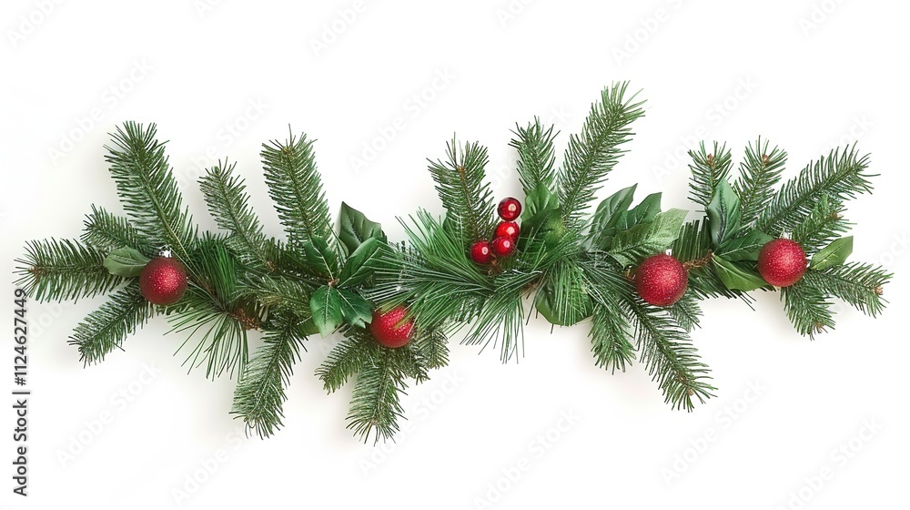 Christmas Branches Border with Christmas Decorations on White Background, Festive Embellishments for Holiday Cheer and Decor. Christmas Branches Border with Christmas Decorations on White Background, Festive Embellishments for Holiday Cheer and Decor.