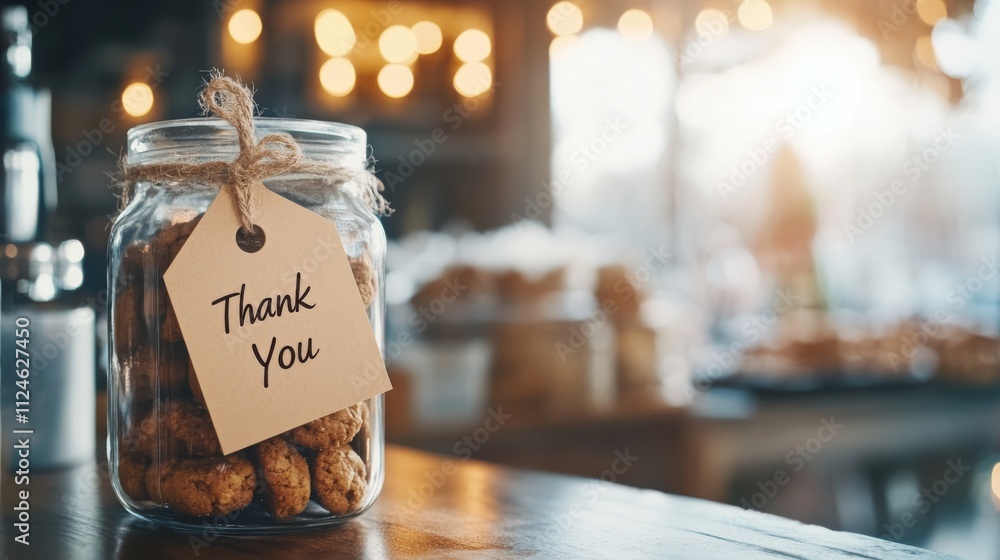A close-up shot showcases a rustic jar filled with delicious homemade cookies, adorned with a thank you tag and a softly blurred snowy window in the background A close-up shot showcases a rustic jar filled with delicious homemade cookies, adorned with a thank you tag and a softly blurred snowy window in the background