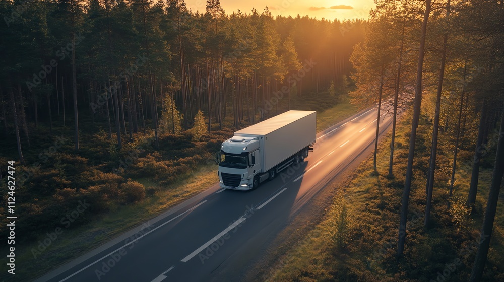 Obraz premium A white semi-truck drives down a country road at sunset.