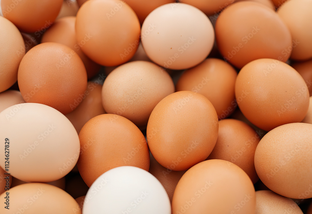 Closeup of various chicken eggs, some brown and some white, in a pile Closeup of various chicken eggs, some brown and some white, in a pile