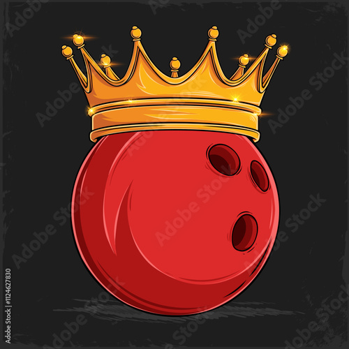 Hand drawn red bowling ball with golden shiny majestic royal king crown, bowling ball with crown