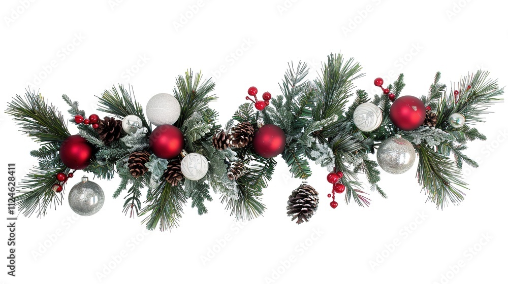 Fototapeta premium Christmas Branches Border with Christmas Decorations on White Background, Festive Embellishments for Holiday Cheer and Decor.