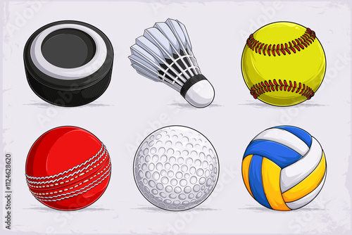 Hand drawn set of popular sports balls, volleyball, tennis, cricket, hockey, golf and shuttlecock