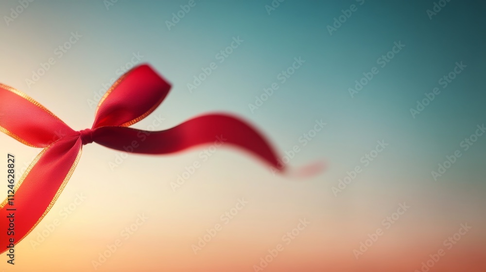 Close-up of a single red ribbon tied in an elegant bow with golden edges, set against a soft pastel background, enhancing the luxurious feel of the scene Close-up of a single red ribbon tied in an elegant bow with golden edges, set against a soft pastel background, enhancing the luxurious feel of the scene