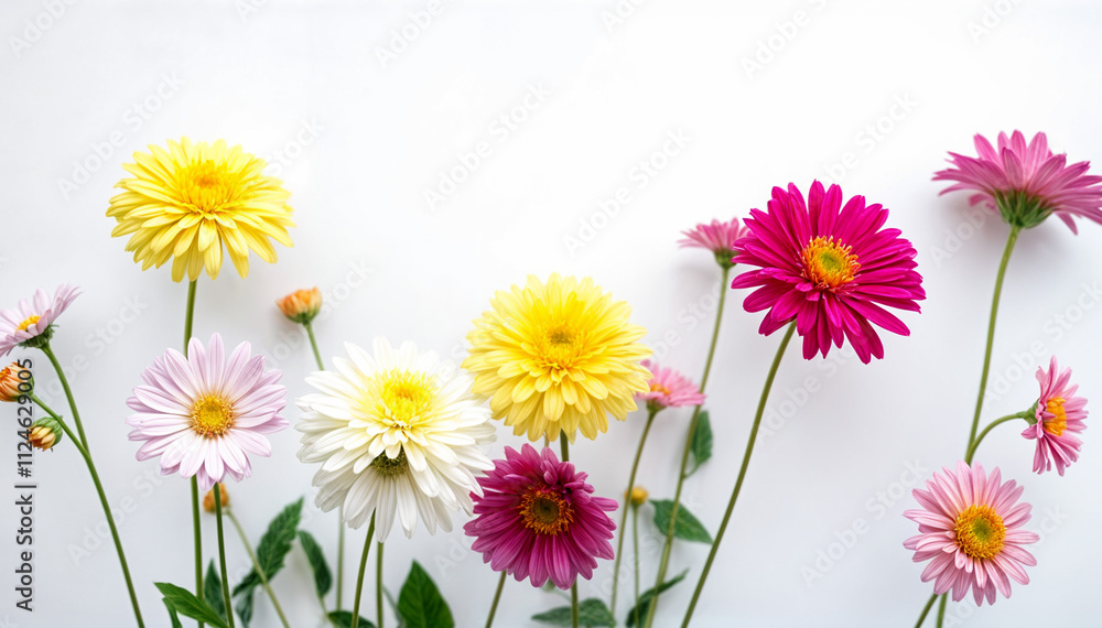 Colorful gerbera daisy flowers in various shades of pink, yellow, and white against a plain white background Colorful gerbera daisy flowers in various shades of pink, yellow, and white against a plain white background