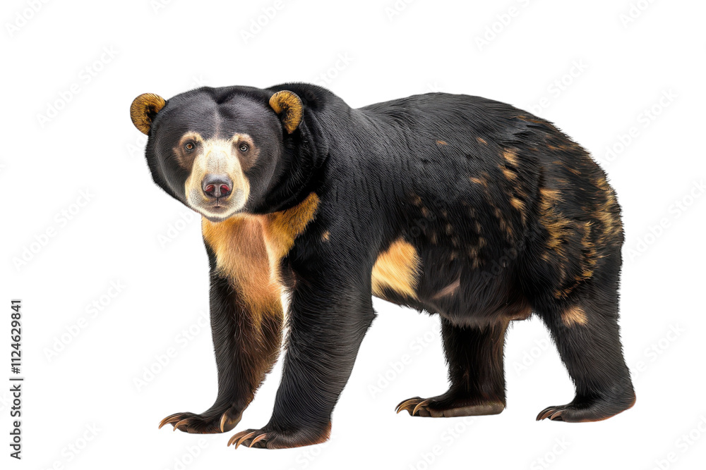 Fototapeta premium Hyperrealistic Sun Bear Isolated on Pure White Background for Wildlife Conservation Projects and Educational Purposes