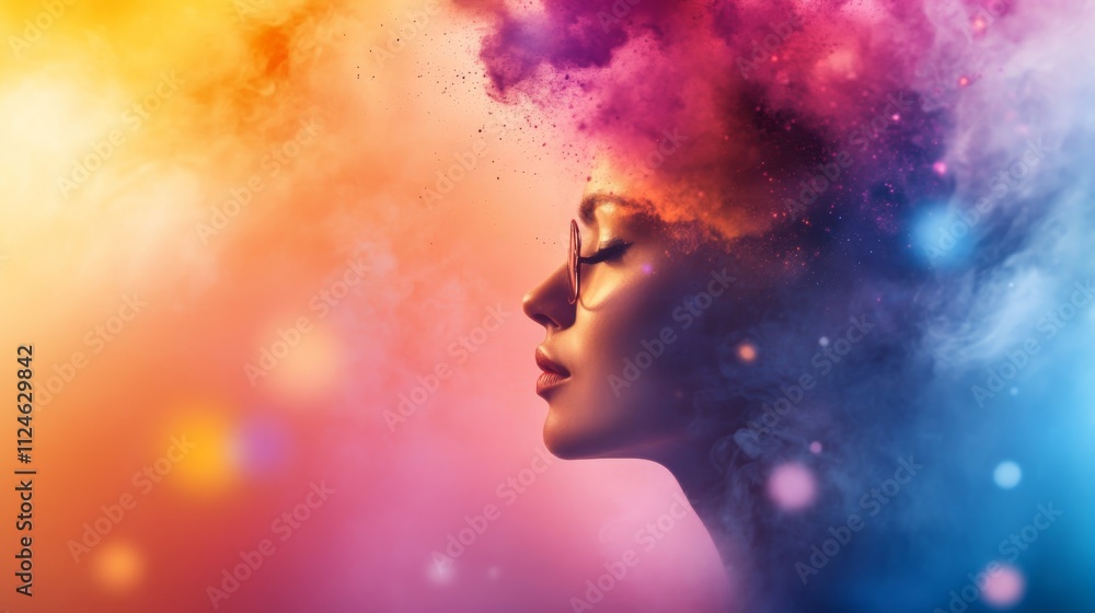 A striking human silhouette is framed by colorful bursts and abstract shapes, representing a powerful explosion of thoughts and emotions with ample copy space A striking human silhouette is framed by colorful bursts and abstract shapes, representing a powerful explosion of thoughts and emotions with ample copy space
