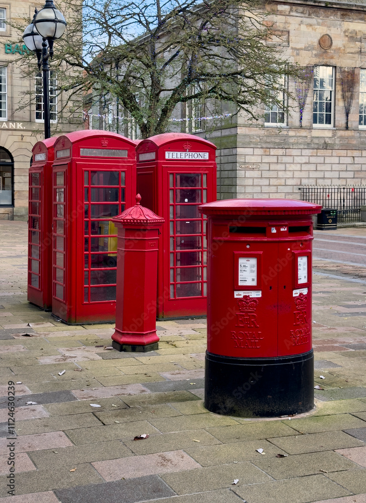 Stafford-Staffordshire-United Kingdom November, 14, 2024 Red post box and telephone boxes with the Shire Hall Gallery to the rear in Market Square, Stafford, Staffordshire Stafford-Staffordshire-United Kingdom November, 14, 2024 Red post box and telephone boxes with the Shire Hall Gallery to the rear in Market Square, Stafford, Staffordshire