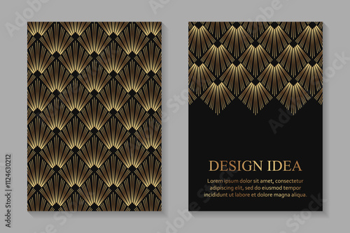Modern geometric luxury black backgrounds for business or greeting cards with golden rhombuses in art deco style