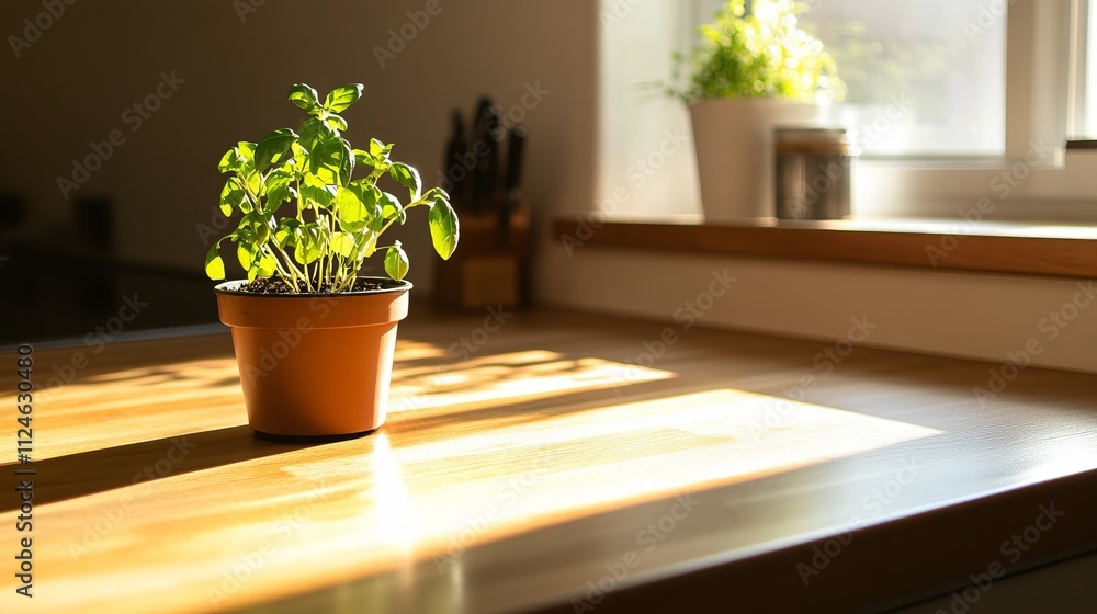 A vibrant basil plant in a terracotta pot, bathed in morning sunlight on a kitchen countertop. A serene and natural image of a home garden A vibrant basil plant in a terracotta pot, bathed in morning sunlight on a kitchen countertop. A serene and natural image of a home garden