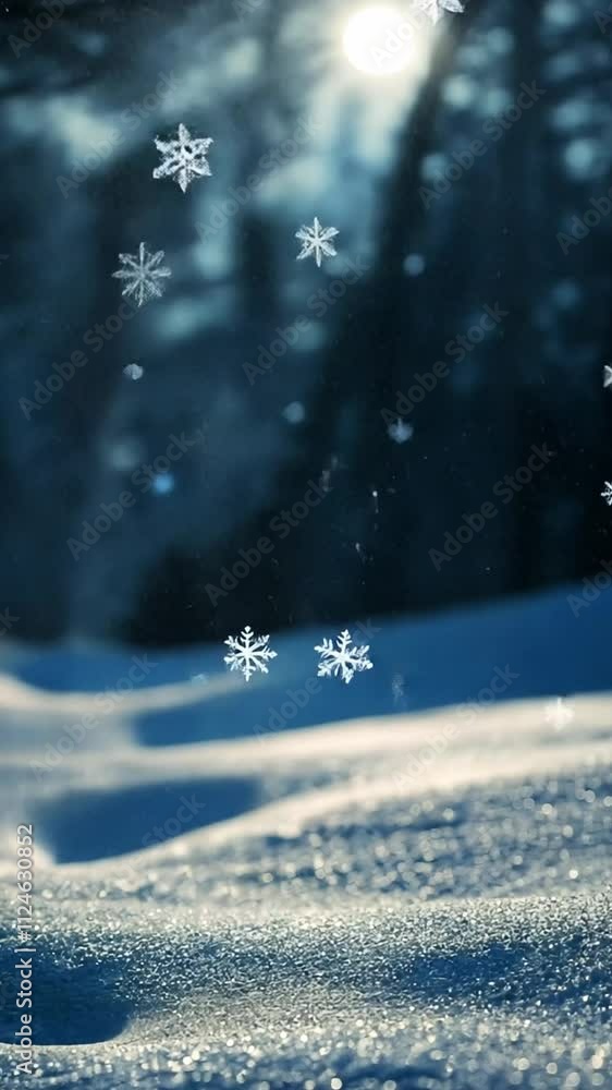 Winter's Embrace: A serene winter landscape, bathed in the soft glow of the sun, with delicate snowflakes dancing gracefully through the air. The scene evokes a sense of peace and tranquility.