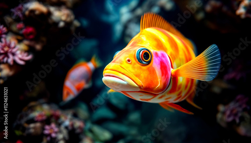 A close-up of a vibrant orange and yellow tropical fish with large eyes swimming in a dark underwater environment