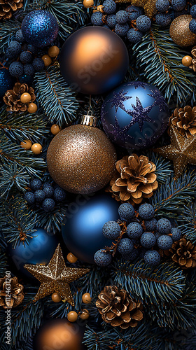 Dark blue and gold Christmas ornaments, pine branches, and pinecones.