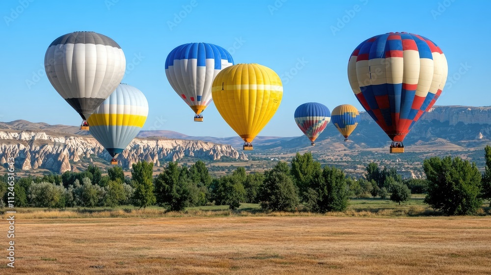Naklejka premium Colorful hot air balloons float gracefully above Cappadocia at sunrise, illuminating the unique rock formations and tranquil greenery below