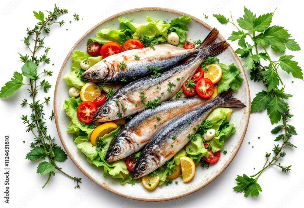 Top view a mackerels with salad and thyme isolated on white background Top view a mackerels with salad and thyme isolated on white background