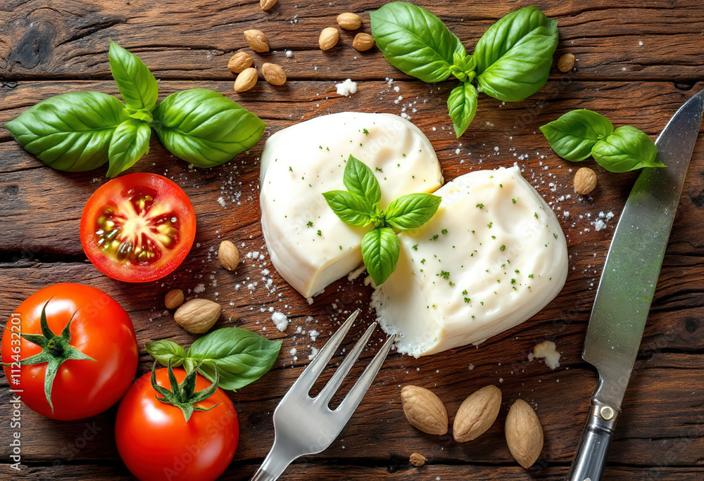 Top view a mozzarella cheese with green basil leaves and tomato on wood background Top view a mozzarella cheese with green basil leaves and tomato on wood background