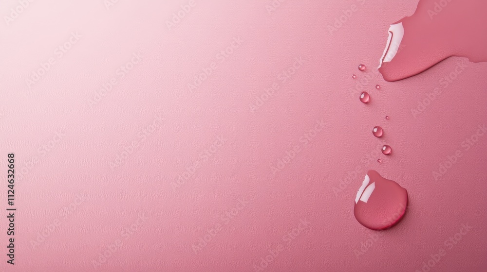 A solitary droplet of water rests on a smooth, glossy pink surface, showcasing a subtle gradient. The minimalist setting allows for ample copy space on the right side A solitary droplet of water rests on a smooth, glossy pink surface, showcasing a subtle gradient. The minimalist setting allows for ample copy space on the right side