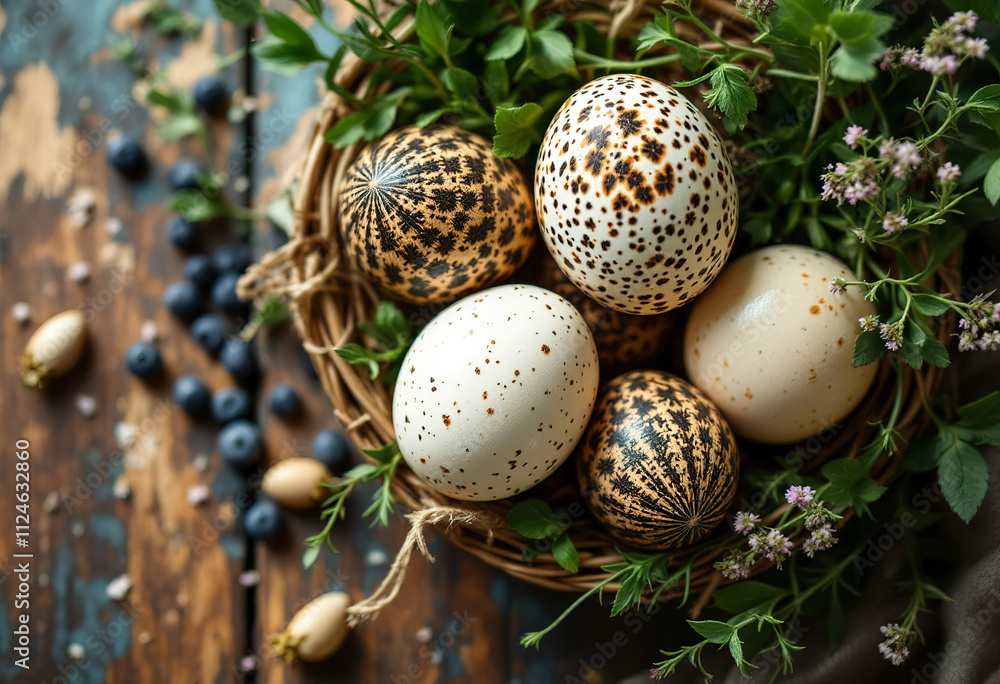 Top view a quail eggs in the basket with herbs Top view a quail eggs in the basket with herbs