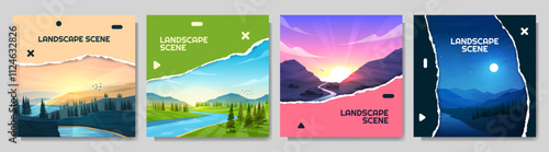 Vector illustrations. Square backgrounds set of landscape. Torn paper overlay effect. Forest by lake, water stream by meadow, sunset scene, night serenity. Design for web banner, social media template photo