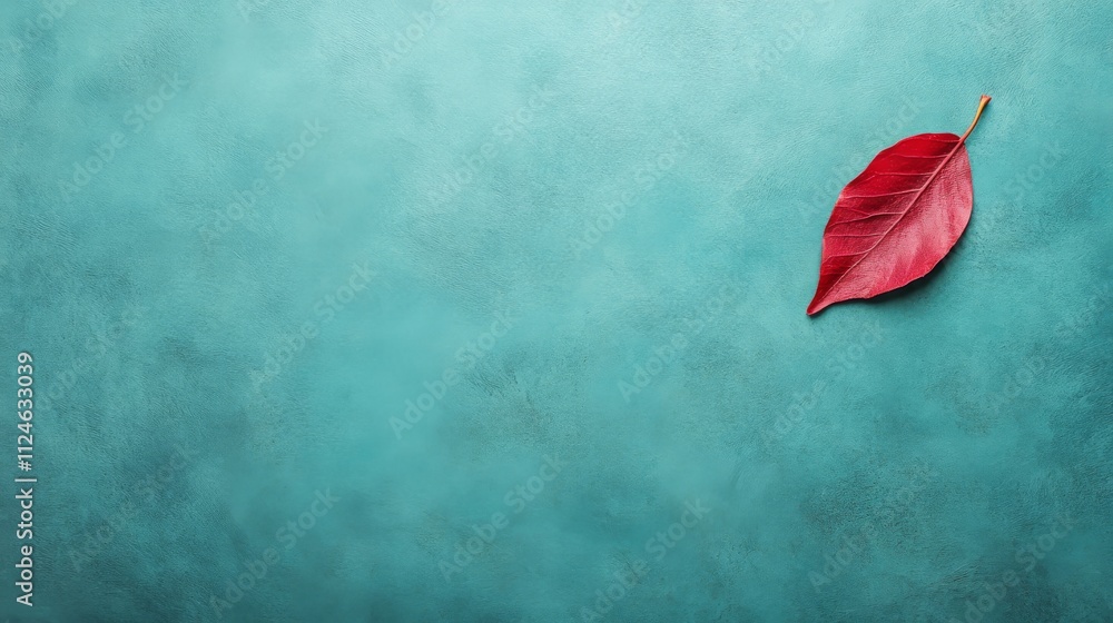 A single vibrant red leaf rests on a textured teal slate backdrop, showcasing minimalist design with plenty of negative space for imaginative applications A single vibrant red leaf rests on a textured teal slate backdrop, showcasing minimalist design with plenty of negative space for imaginative applications