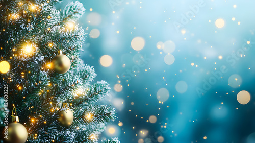 Christmas tree with sparkling lights and golden bokeh in blue background photo