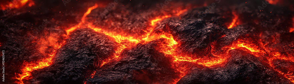 Fiery lava flows create dramatic and intense background with glowing red cracks. molten rock texture adds depth and energy to scene, evoking sense of power and heat Fiery lava flows create dramatic and intense background with glowing red cracks. molten rock texture adds depth and energy to scene, evoking sense of power and heat