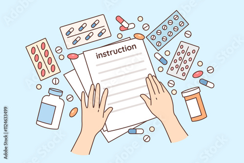 Instructions for taking medications and treatment on table among tablets and vitamins or antibiotics