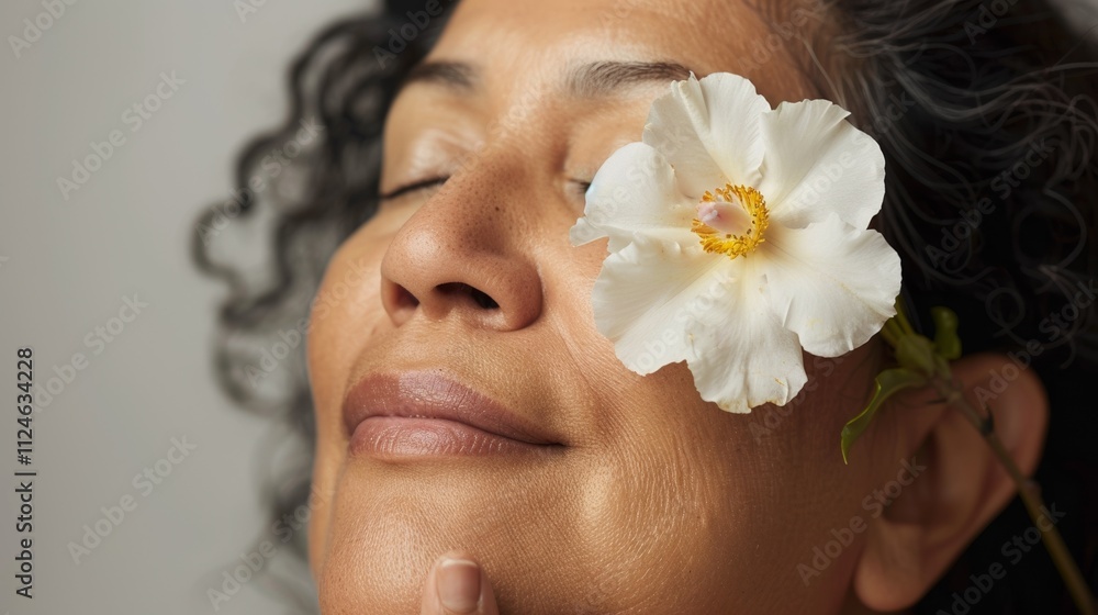 Naklejka premium A serene woman with her eyes closed gently touching her chin and a delicate white flower placed On her cheek.