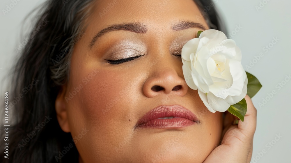 A serene close-up portrait Of a woman with her eyes closed gently touching a white flower to her face. A serene close-up portrait Of a woman with her eyes closed gently touching a white flower to her face.