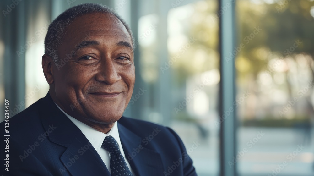 Confident senior businessman in a tailored navy suit smiles warmly in a modern office, showcasing a professional and successful demeanor Confident senior businessman in a tailored navy suit smiles warmly in a modern office, showcasing a professional and successful demeanor