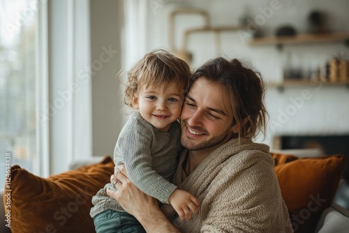 Father and son share a joyful moment at home with piggyback ride and loving kiss in a cozy living room