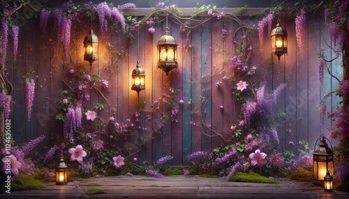  a rustic wooden wall, glowing lanterns, and lush purple flowers.