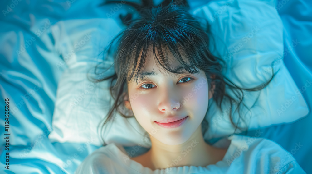 薄暗い部屋のベッドに寝転ぶリラックスした表情の若いアジア人女性 薄暗い部屋のベッドに寝転ぶリラックスした表情の若いアジア人女性