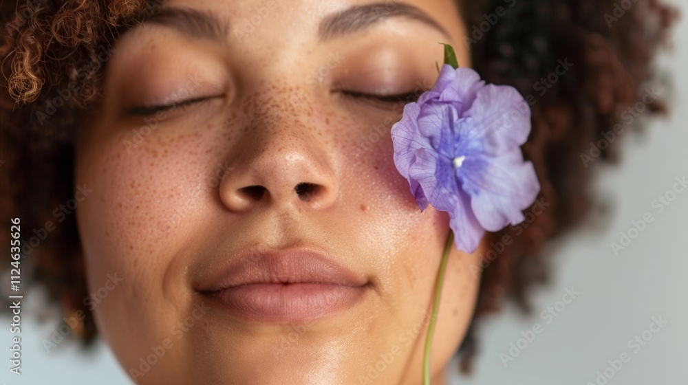 Obraz premium A woman with curly hair and freckles eyes closed with a purple flower On her face.
