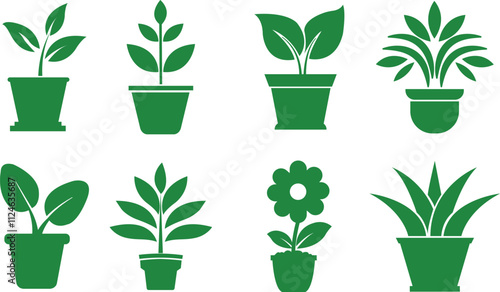 Flower plant pot flat icon set. Home plant leaf gardening symbol black and green vector collection isolated on transparent background. Plant garden floral growth nature sign Pictogram for web