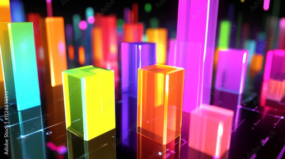 Colorful Digital 3D Graph with Bright Columns and Vibrant Lights Colorful Digital 3D Graph with Bright Columns and Vibrant Lights