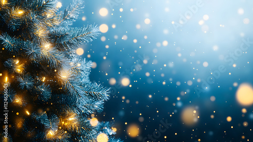 Christmas tree with sparkling lights and golden bokeh in blue background photo