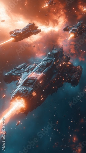 Futuristic spaceships engaging in battle amidst cosmic scenery.