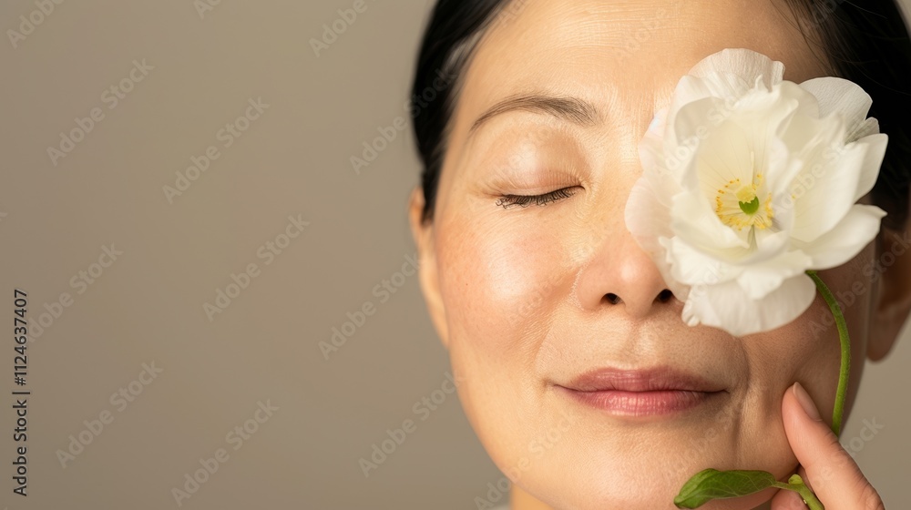 A woman is depicted with her eyes closed gently touching a delicate white flower to her face. A woman is depicted with her eyes closed gently touching a delicate white flower to her face.