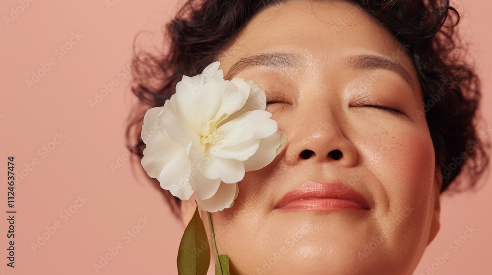 The image depicts a serene Asian woman with her eyes closed gently touching a white flower to her face. The image depicts a serene Asian woman with her eyes closed gently touching a white flower to her face.