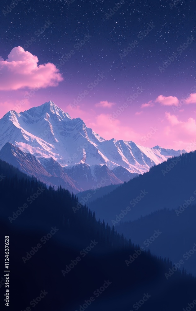 Serene Mountain Range Underneath a Starry Pink Sky Serene Mountain Range Underneath a Starry Pink Sky