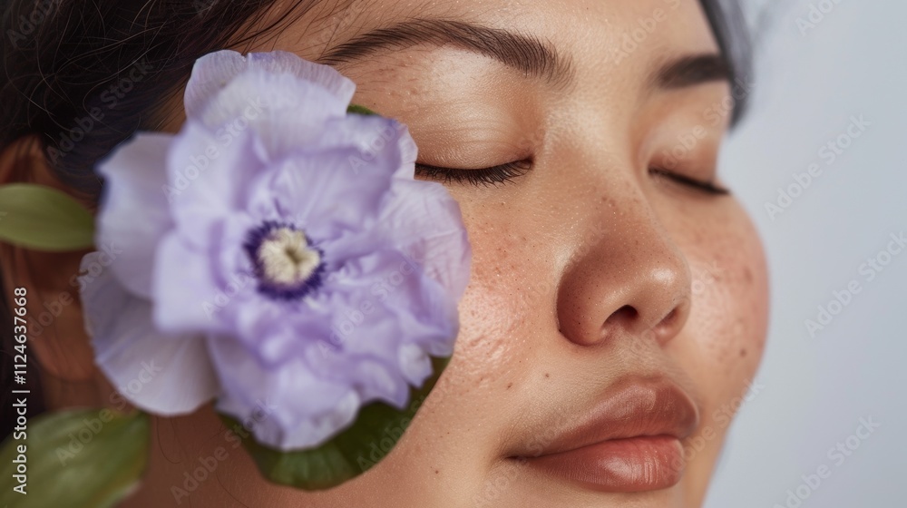 A serene Asian woman with closed eyes adorned with a delicate purple flower On her cheek exuding a sense Of calm and tranquility. A serene Asian woman with closed eyes adorned with a delicate purple flower On her cheek exuding a sense Of calm and tranquility.