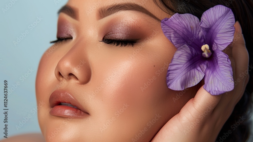 A woman with a purple flower in her hair posing for a close-up portrait.