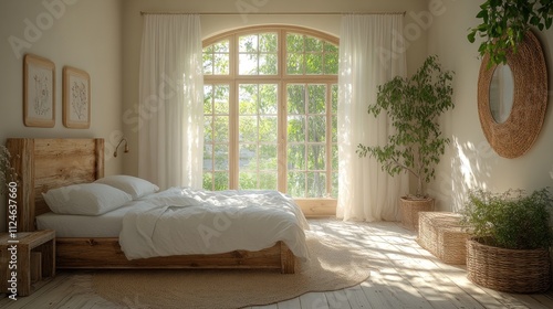 Cozy bedroom with natural light and greenery.